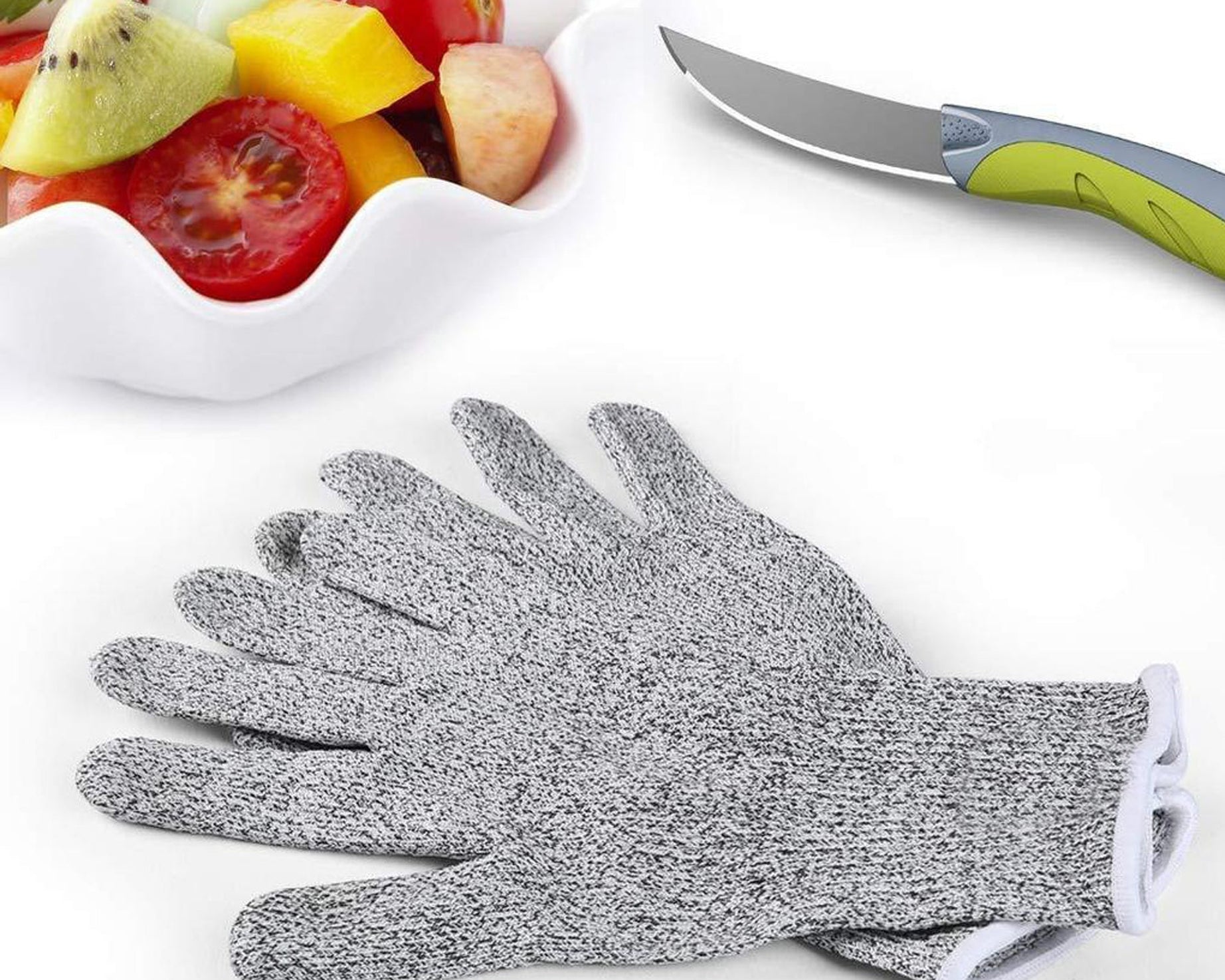 Multicolor safety gloves for cutting and industrial use.