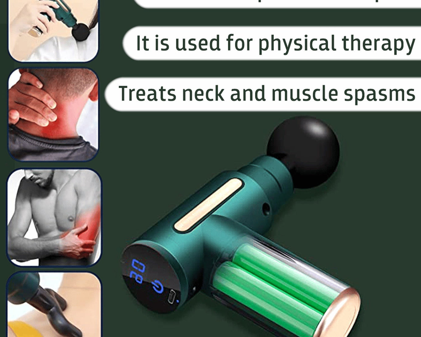 Percussion therapy machine for pain relief, includes multiple massage heads.