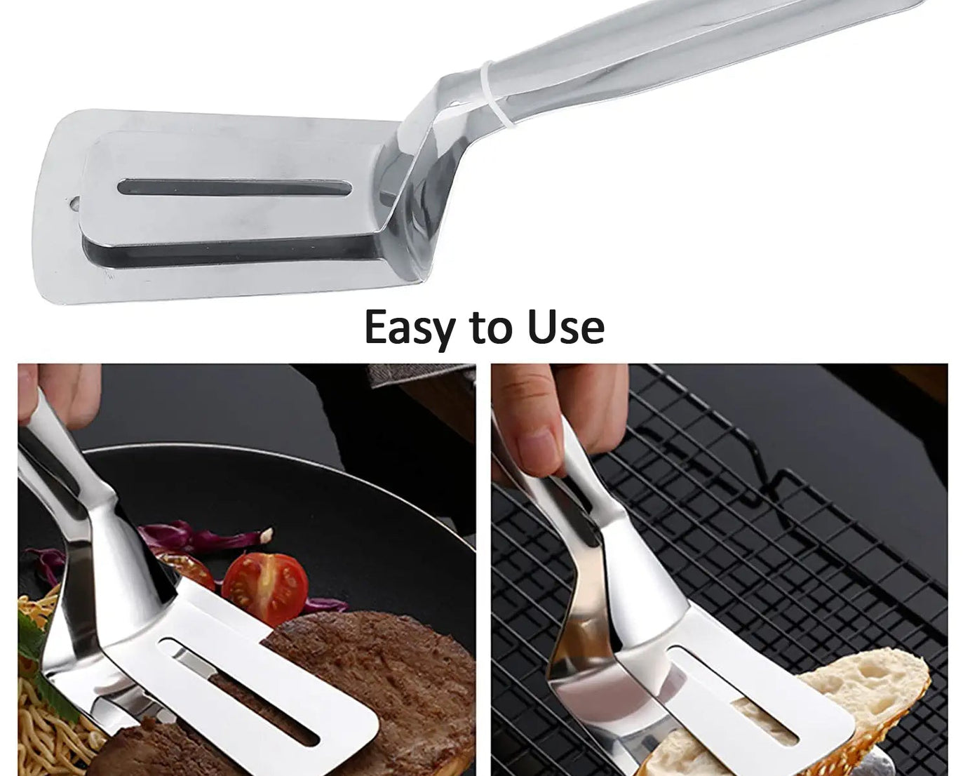 Versatile stainless steel turner and tongs for kitchen use