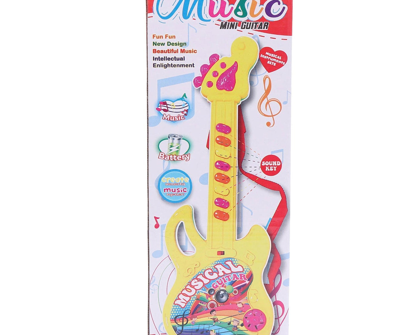 Mini guitar in bright colors, designed for joyful music experience