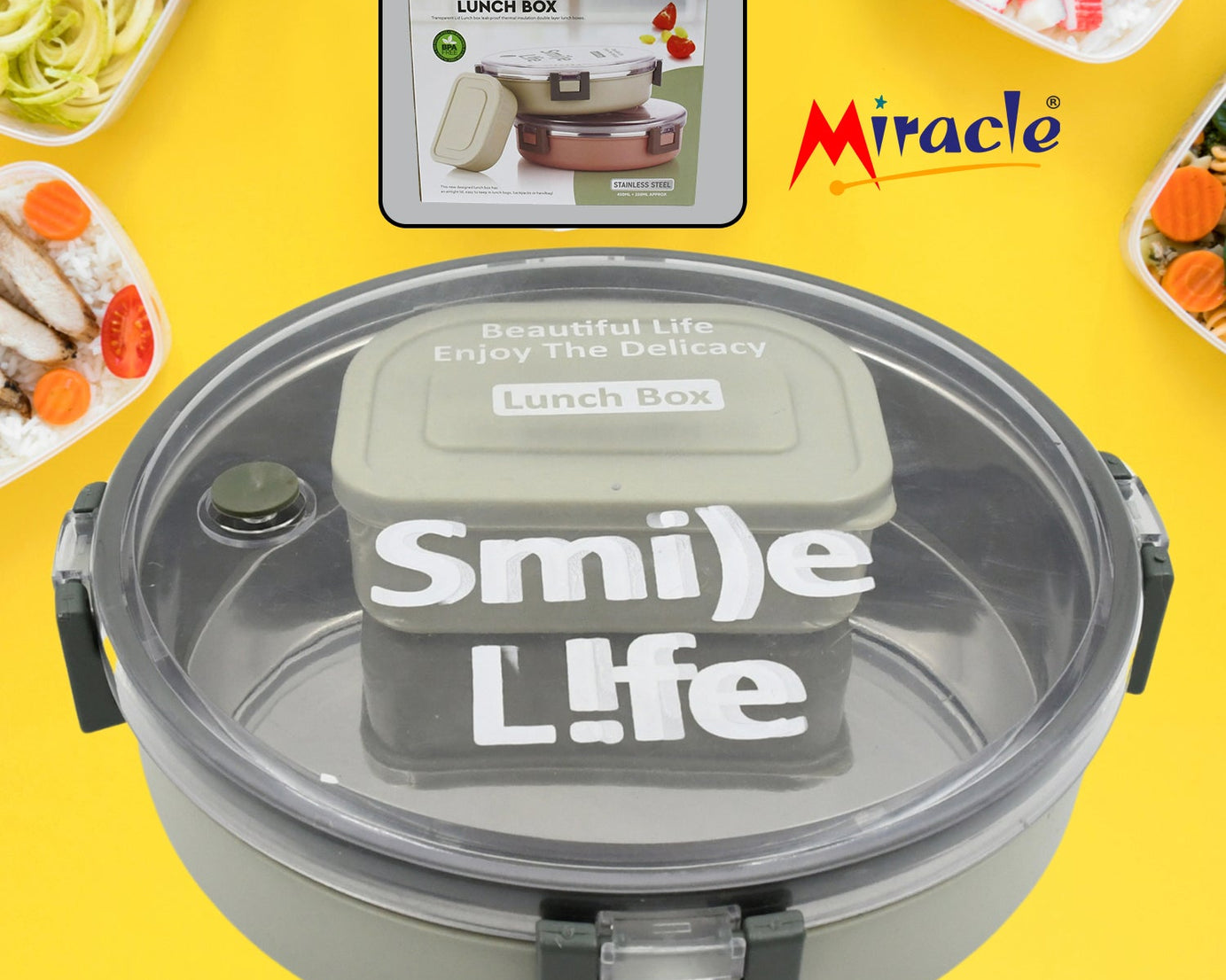 Miracle Stainless Steel Round Lunch Box, with Small Plastic Box Insert Leak Proof Lunch Box with Transparent lid, Lunch Box for Kids & Adults for School, Office (450 ML + 250 ML Approx)