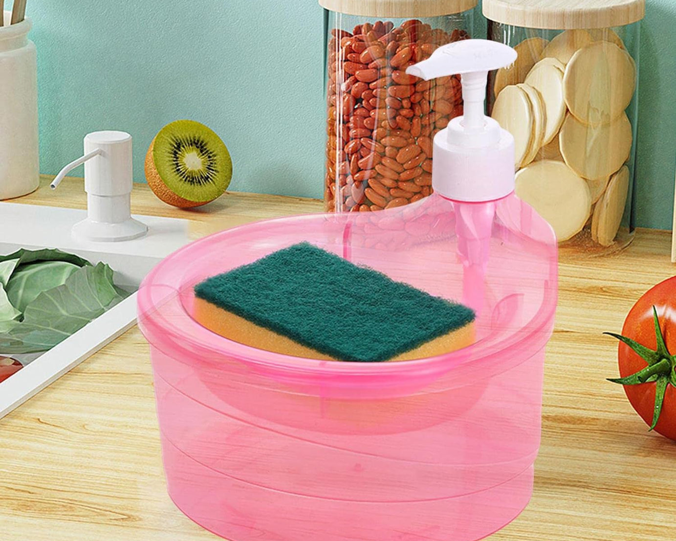 Double Layer Liquid soap Dispenser with Pump and Sponge, Practical for Hotel Sink Clear, Soap Dispensing Liquid Pump Bottle for Home,  Kitchen Rectangle ( 2 in 1 )