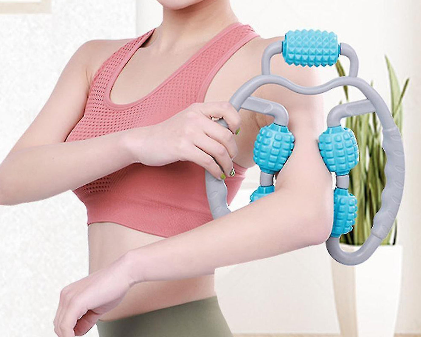 0265 Muscle Massage Roller, 5 Wheels Relieve Soreness Leg Muscle Roller Fitness Roller Muscle Relaxer Massage Roller Ring Clip All Round Massaging Uniform Force Elastic PP Drop Shaped for Home Use (1 Pc)