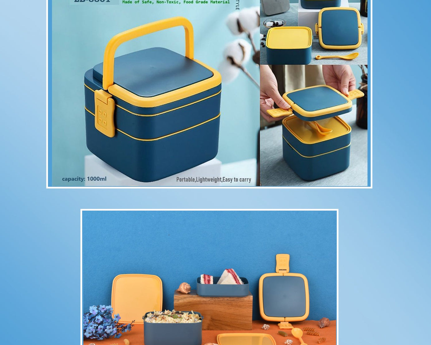 Two-layer blue lunch box with handle and spoon