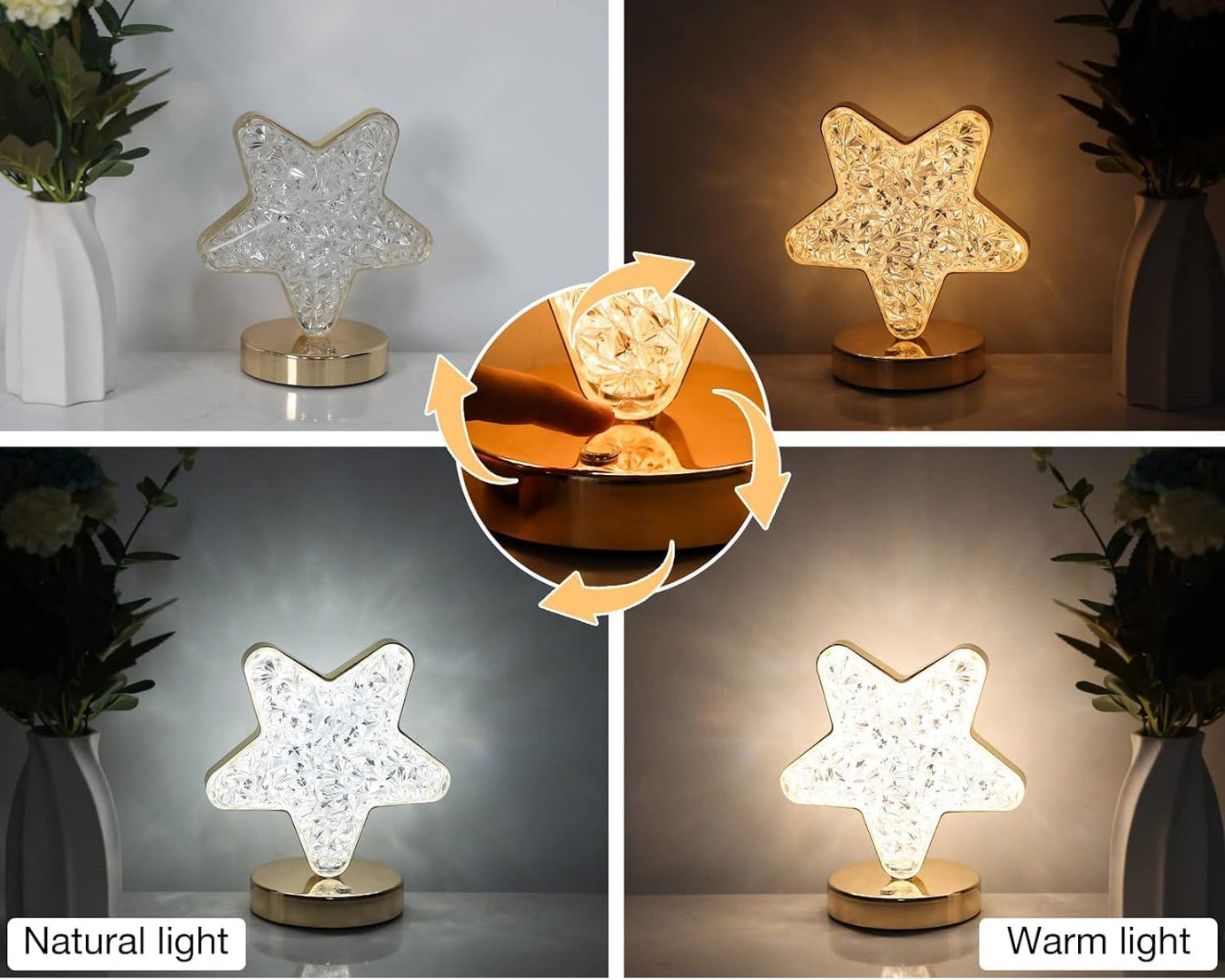 Star Shape Crystal Diamond Lamp Cordless Luxury Lamp with USB Rechargeable, 3-Way Dimmable & Touch Control Decorative Nightstand Lamp for Bedroom, Living Room, Party, Restaurant Decor (1 Pc )
