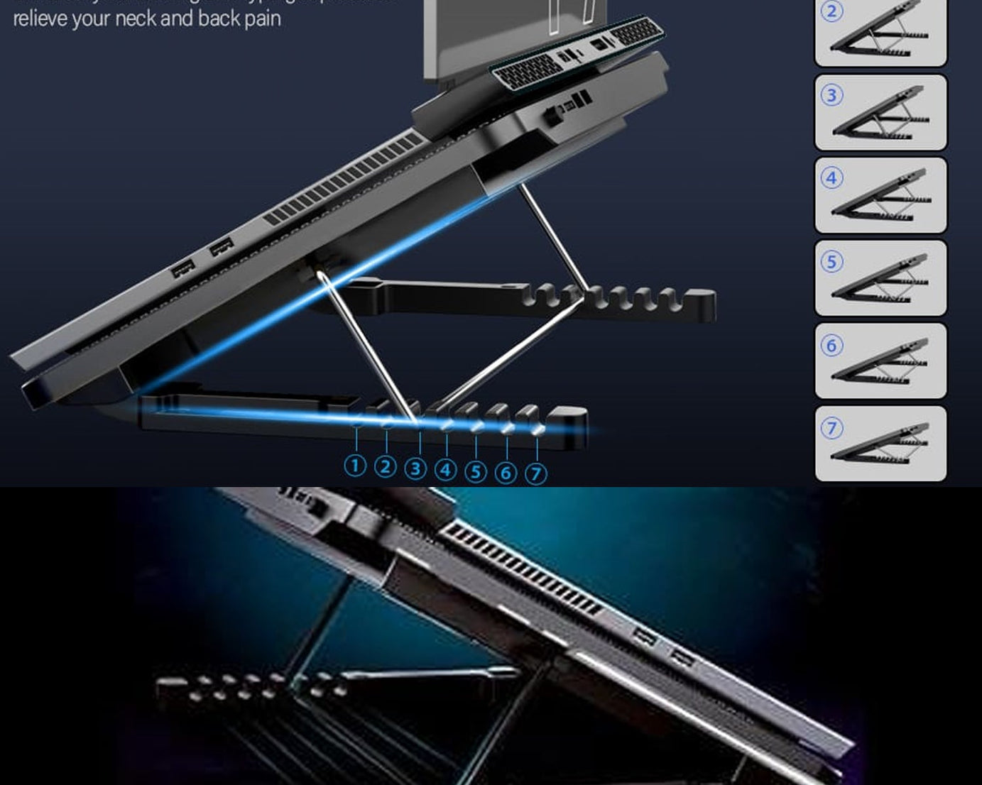 Laptop Cooler Cooling Pad with 2 Quiet Led Fans, Dual USB Ports, Portable Ultra Slim USB Powered 7 Heights Adjustable Laptop Stand for Gaming Laptop