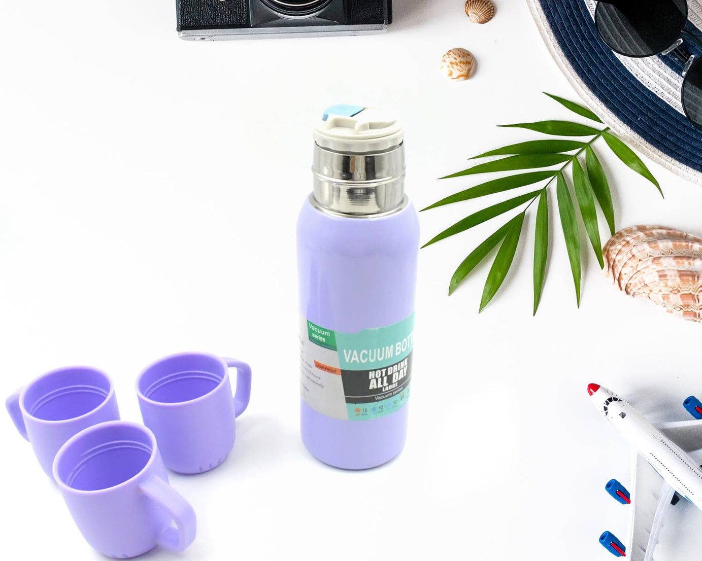 Vacuum Flask Set Stainless Steel Thermos With 3 Cup Creative Gift Set With Cover Handle Portable Car Water Bottle Set (Approx 500ml)