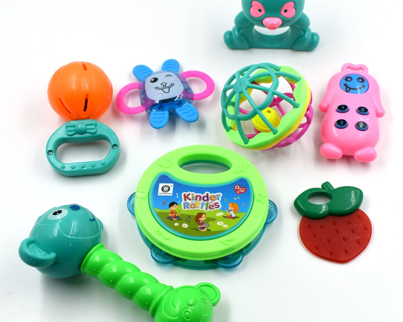 Textured baby rattle with bright colors designed to engage and entertain toddlers.