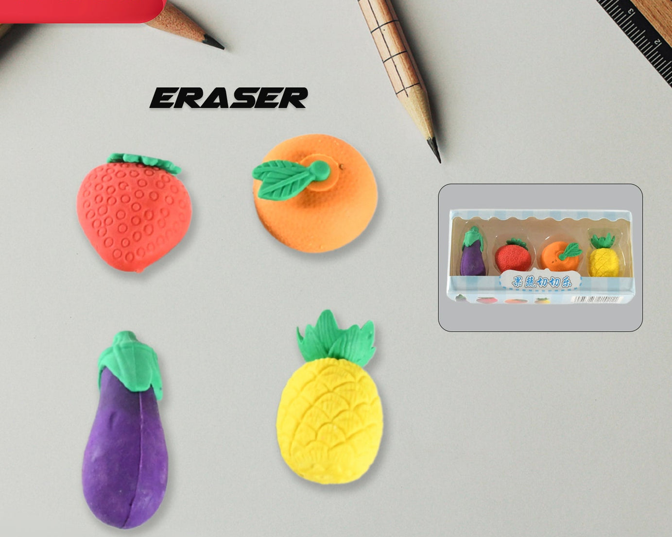 Mini Cute Vegetables and Fruits Erasers or Pencil Rubbers for Kids, 1 Set Fancy & Stylish Colorful Erasers for Children, Eraser Set for Return Gift, Birthday Party, School Prize, 3D Erasers  (4 pc Set)