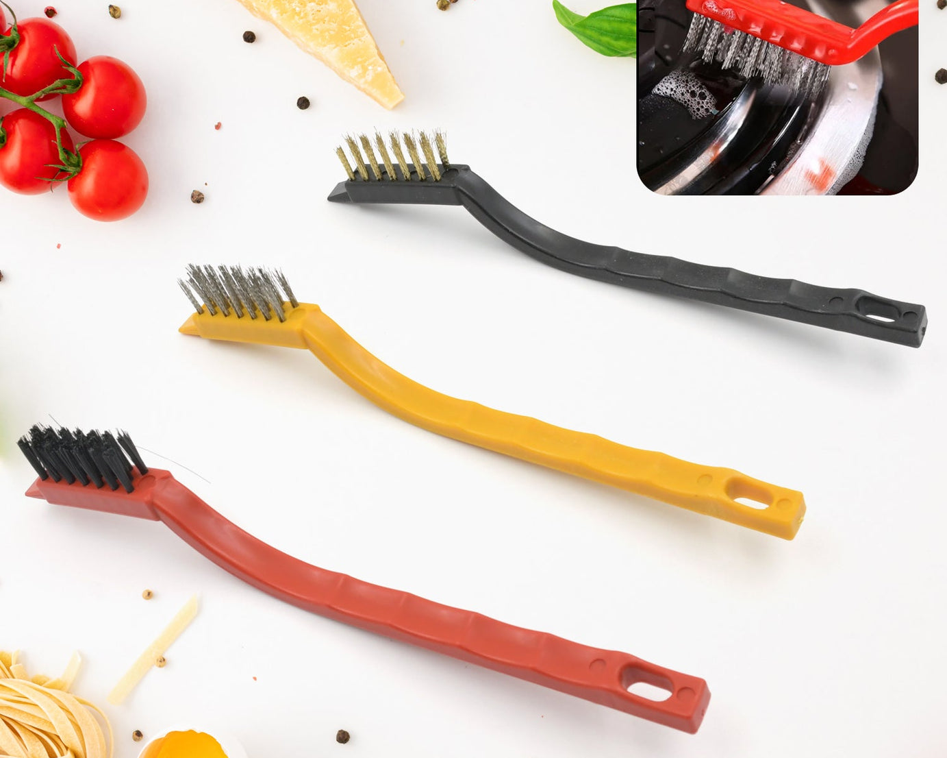 3pc Mini Wire Brush Set Brass Nylon Stainless Steel Bristles Household Cleaning Brush for Gas Stove, Smoke Machine Tool Burner Tiles Tap Rust Removal Welding Slag Dirt & Paint Scrubbing (3 Pcs Set)