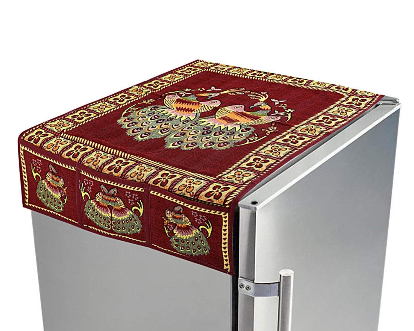 Cotton Fridge Top Cover Set - Standard, Appliance Covers Fridge Dustproof Cover with Peacock Deign 6 Utility Side Pockets Fridge Cover For All types Fridge Refrigerator Use (100x60CM)