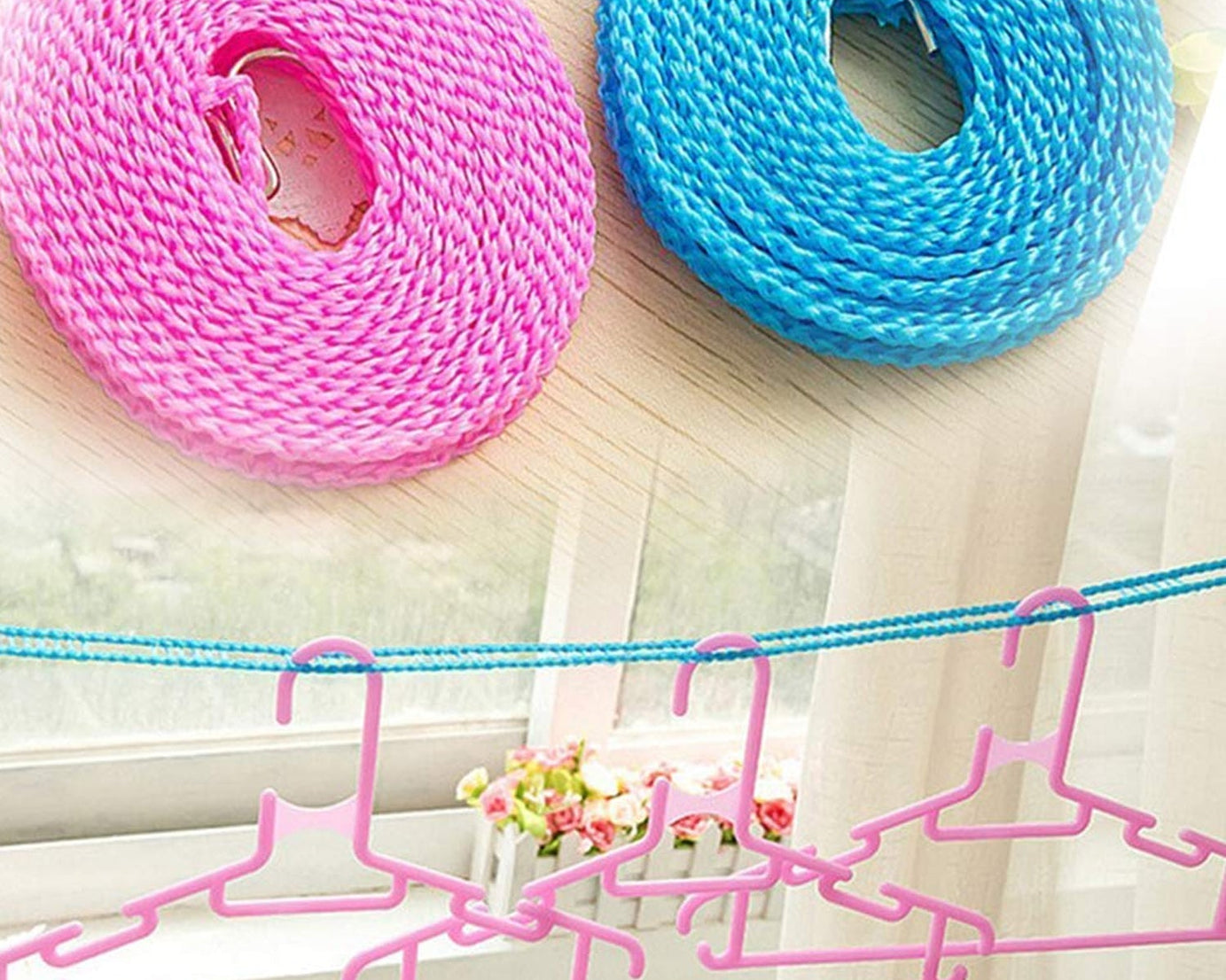 8861 3 Meters Fiber Rope Anti-Slip Clothes Washing Drying Nylon Rope Japan Style Rope with Hooks, Durable Camping Clothesline Portable Clothes Drying Line Indoor Outdoor Laundry Storage for Travel Home Use (3 Mtr.)