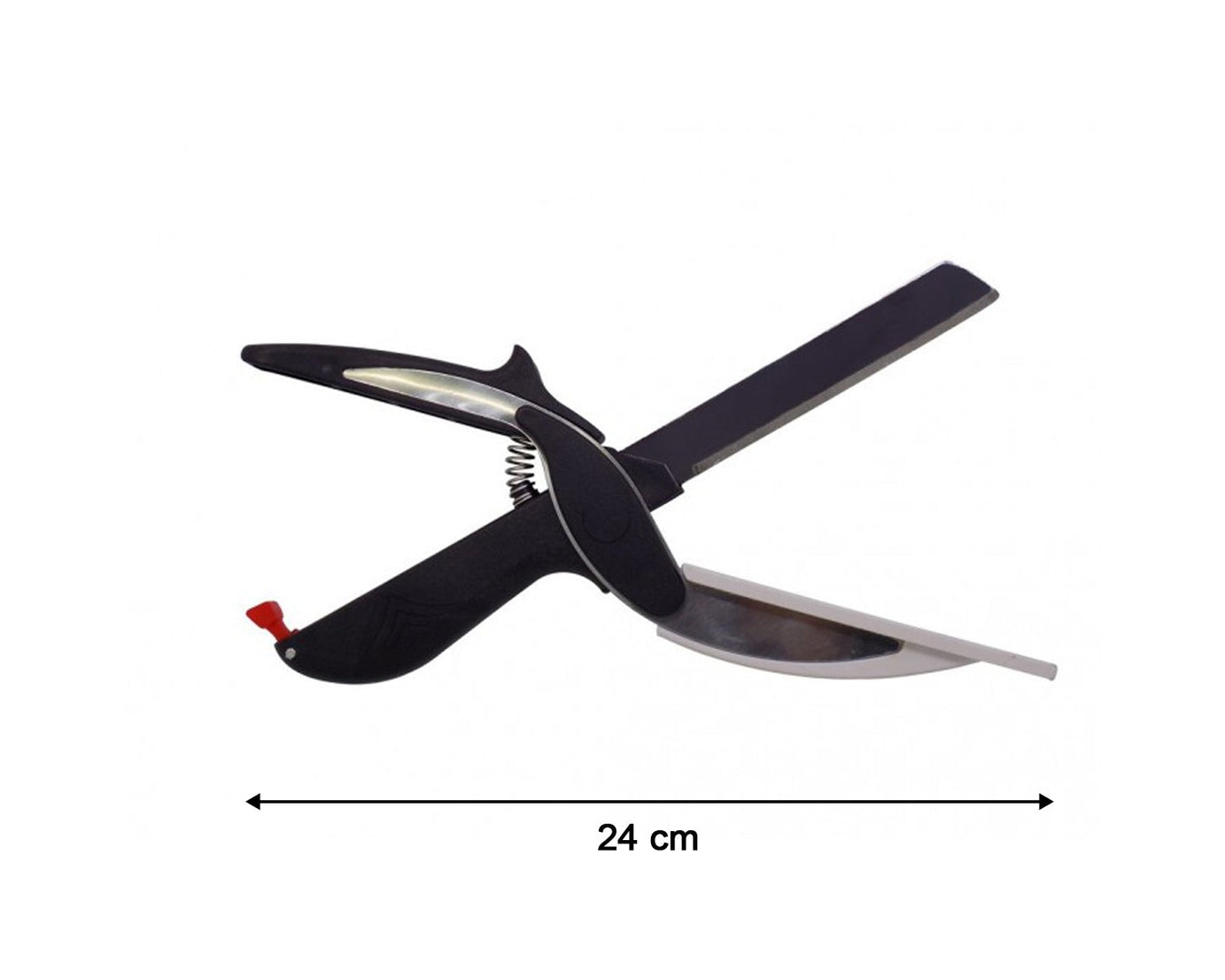 Dual-function food chopper and slicer with ergonomic handle.