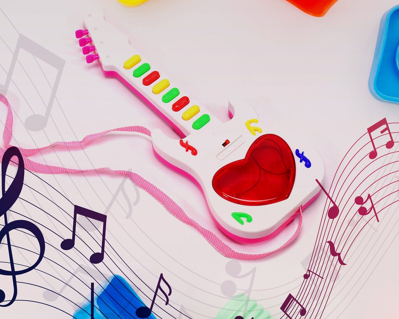 Battery-operated mini guitar with lights.