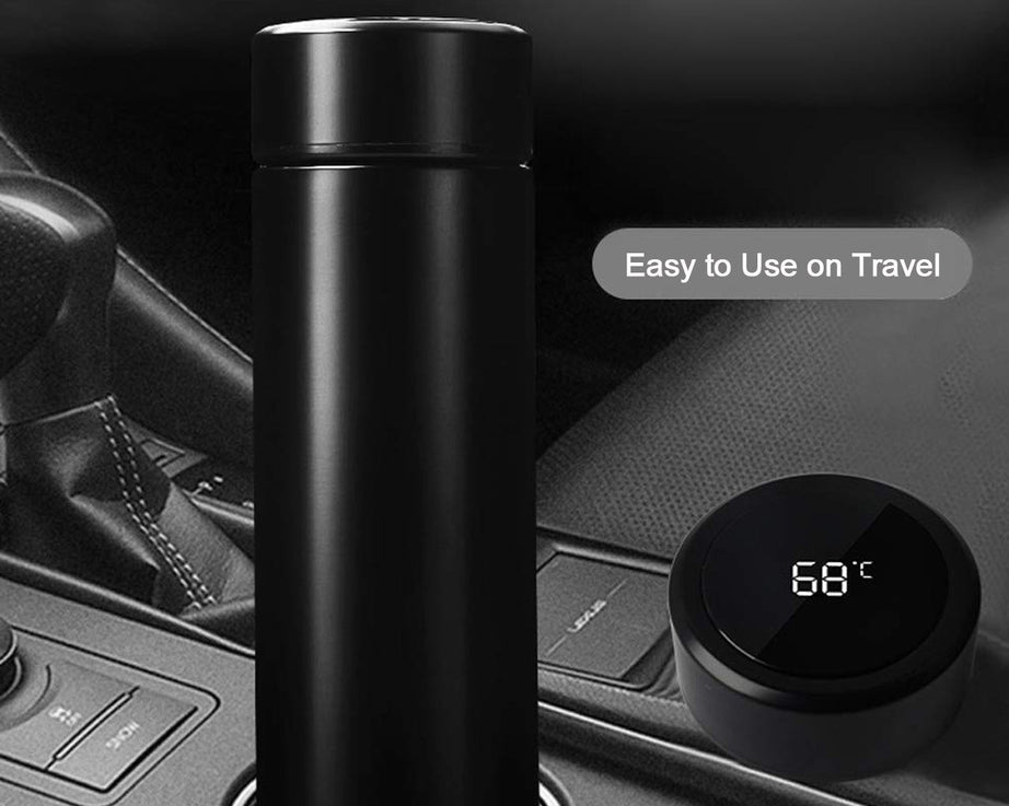 Stainless steel water bottle, smart design, side view