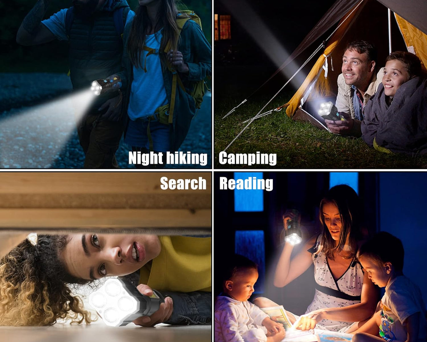 Multifunctional Strong 4 LED Torch Light, Portable Rechargeable Flashlight Long Distance Beam Range 800 Lumens COB Light 4 Mode Emergency for Hiking, Walking, Camping (4 LED Torch)