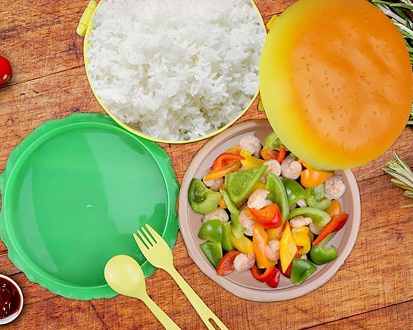 Burger Shape Lunch Box Plastic Lunch Box Food Container Sets Double Layer Lunchbox 1000ml With 2 Spoon Applicable to Kids and Elementary School Students