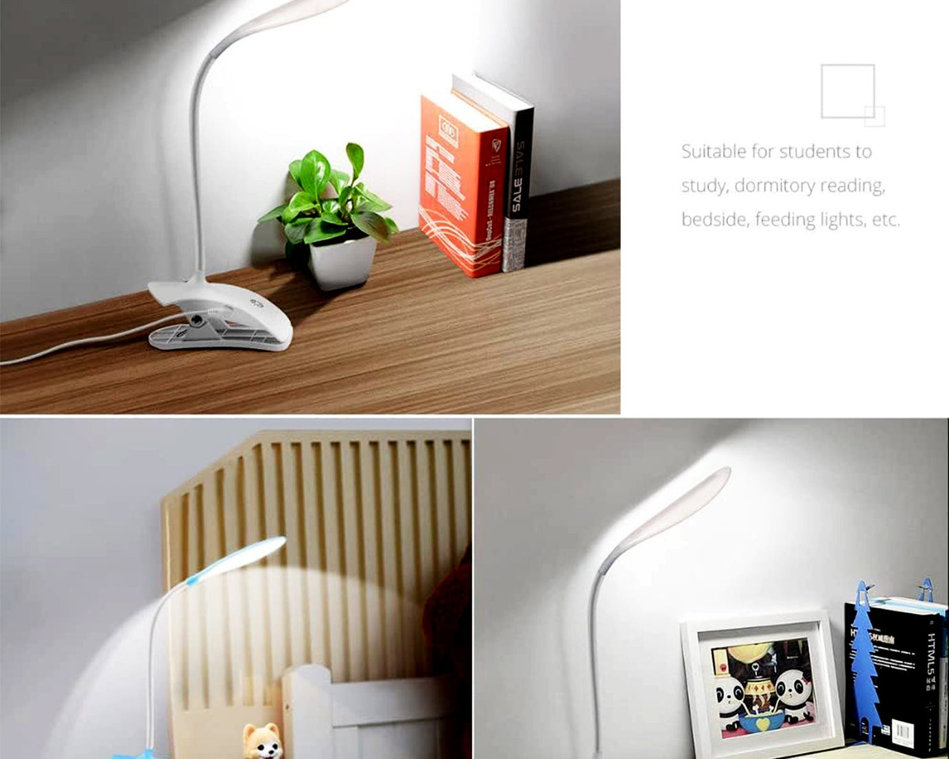 0271 Desk Lamp Adjustable Gooseneck USB Rechargeable 3 modes of Lighting, Reading Lamp for Dorm White, Study Desk lamp Suitable for Girls College Bedroom Reading