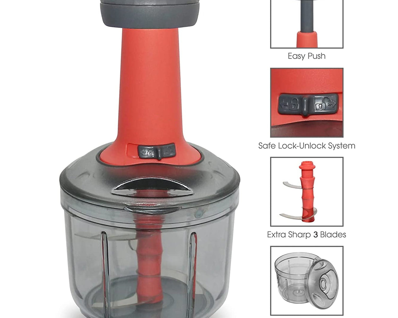 Mini hand press chopper, matte finish, 3 blades, detailed view