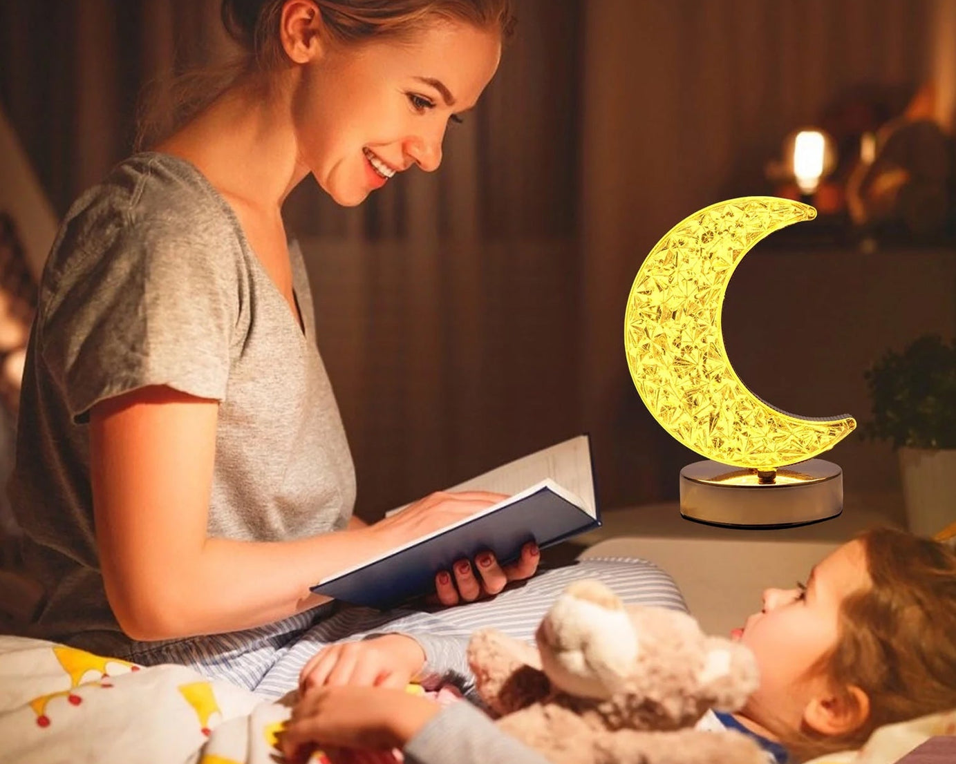 Crystal Table Lamp | Moon Shape Touch Control Lamp with 3 Color | Metal Bedside Lamp for Kids Bedroom Romantic Desktop Nightstand | Stepless Dimming USB Charging Touch Night Light