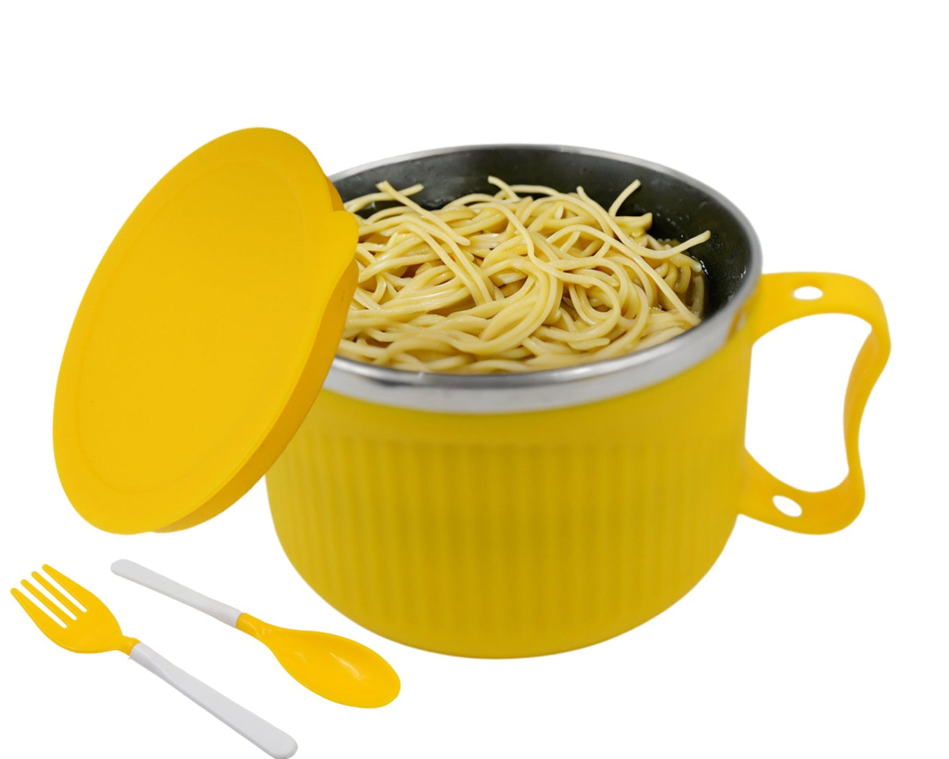 White bowl with handle and lid, perfect for soups, cereals, and snacks. Double-layered for extra durability.