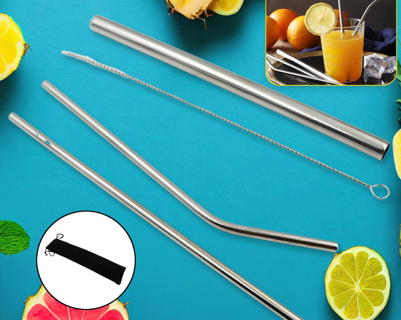 0600 Reusable Stainless Steel Straws with Travel Case Cleaning Brush Eco Friendly Extra Long Metal Straws Drinking Set of 4 (2 Straight straws, 1 Bent straws, 1 Brush)