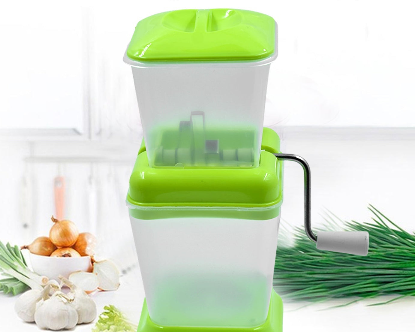 Onion and veggie chopper with rotating blade for fast slicing.