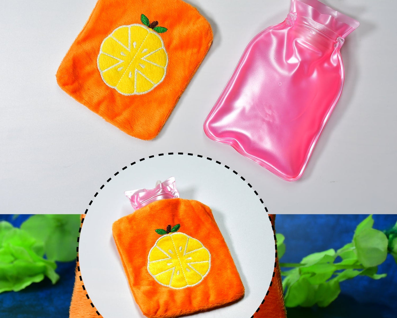Orange hot water bag with cover, suitable for menstrual cramps and warming