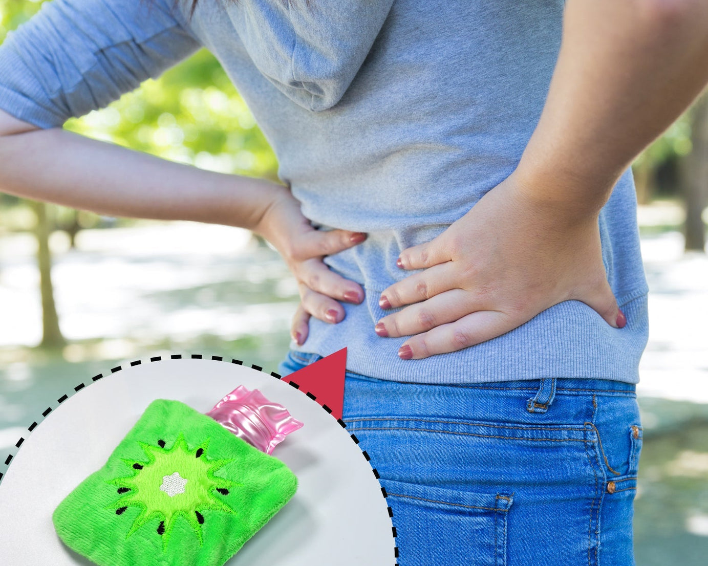 Small green hot water bag with cover for body warmth and pain relief