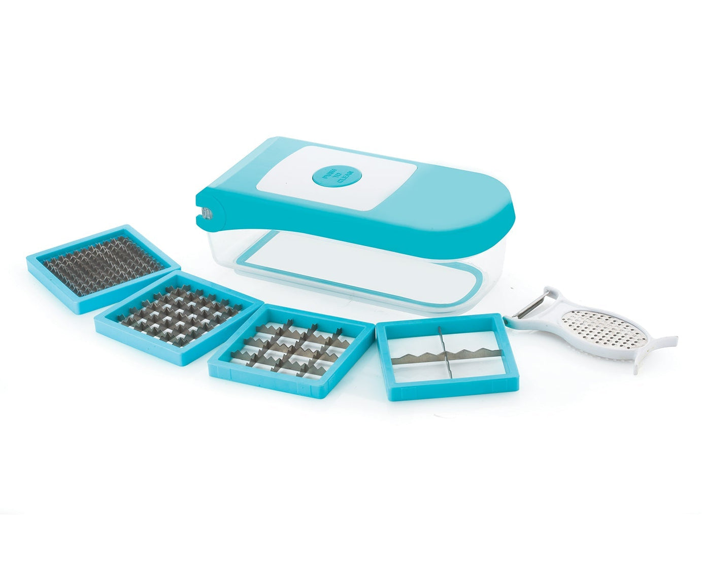 Ganesh 7-in-1 dicer in blue, various angles and details.
