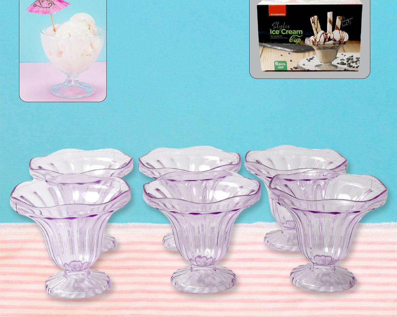 Crystal Plastic Ice-Cream Bowl, Home & Kitchen Serving Platter or Dessert Cup for Sundae, Sweets, Snacks, Fruit, Pudding, Nuts or Dip, Serving Bowls (Crystal Cups, Set of 6)