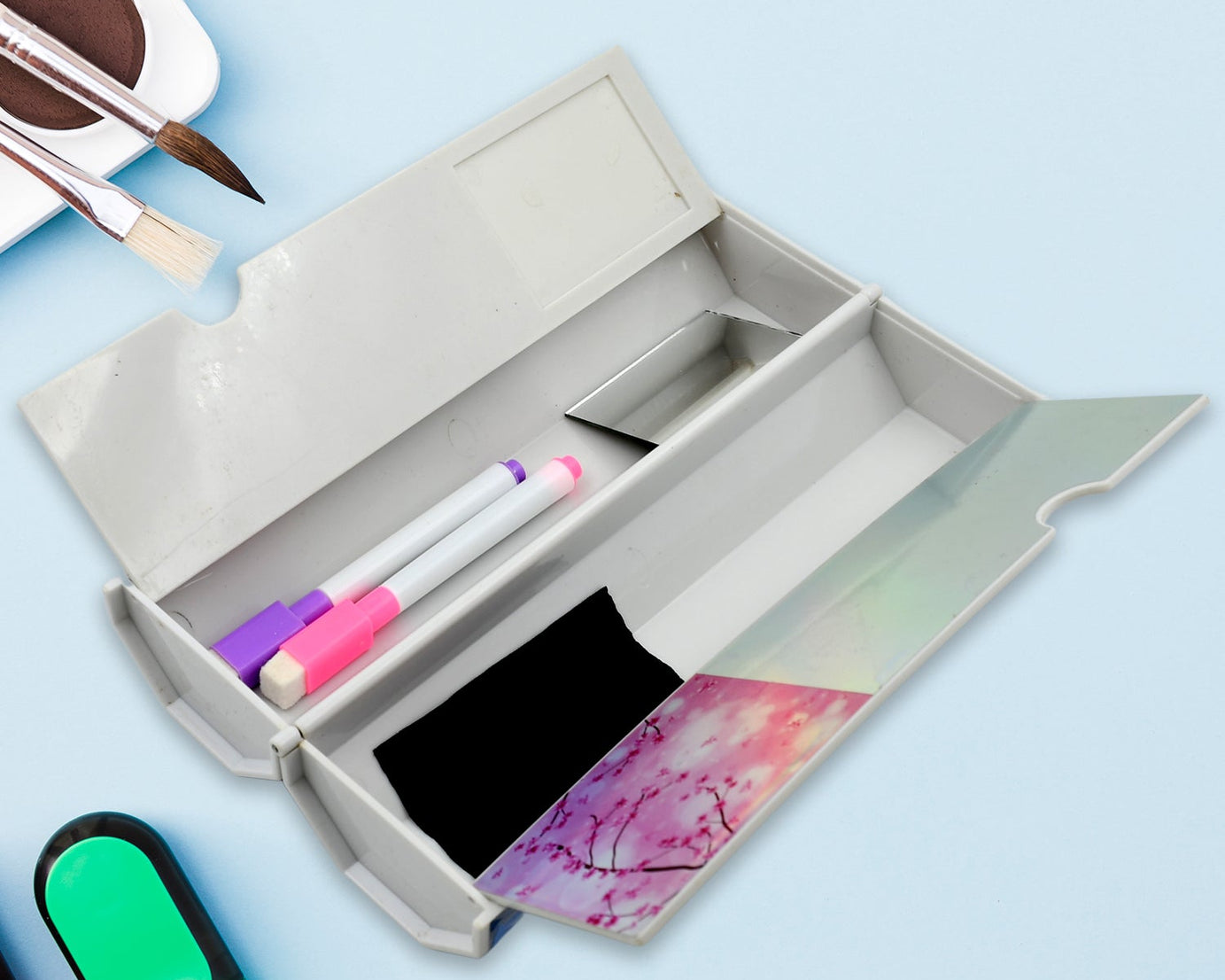 12 in 1 Compass Box, Geometry Box 2 Compartment, Pencil Box with 1 Calculator, 1 Mirror, Pen Refill 2 Black, 2 Blue, 2 Red, 2 Marker for Boys Art Plastic Pencil Box for Girls and Boys