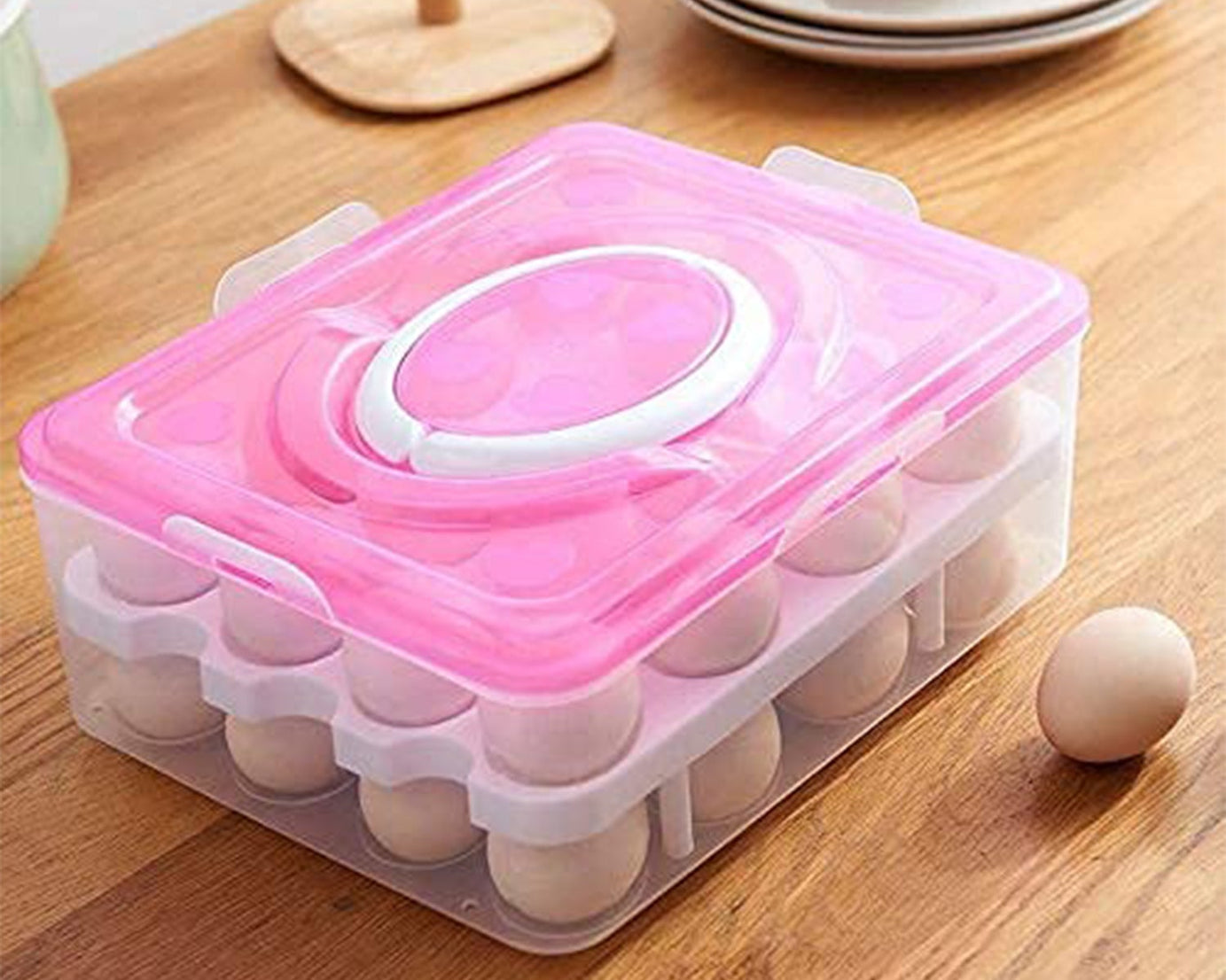 2Layer, 32 Grid Egg Tray with Lid Egg Carrier Holder for Refrigerator, Camping Food Storage Container with Handle (1 Pc )