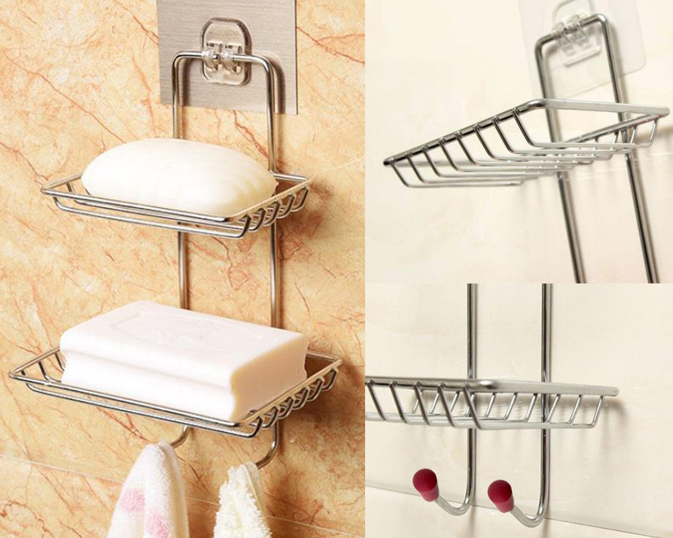 Kitchen soap holder with two hooks for storage
