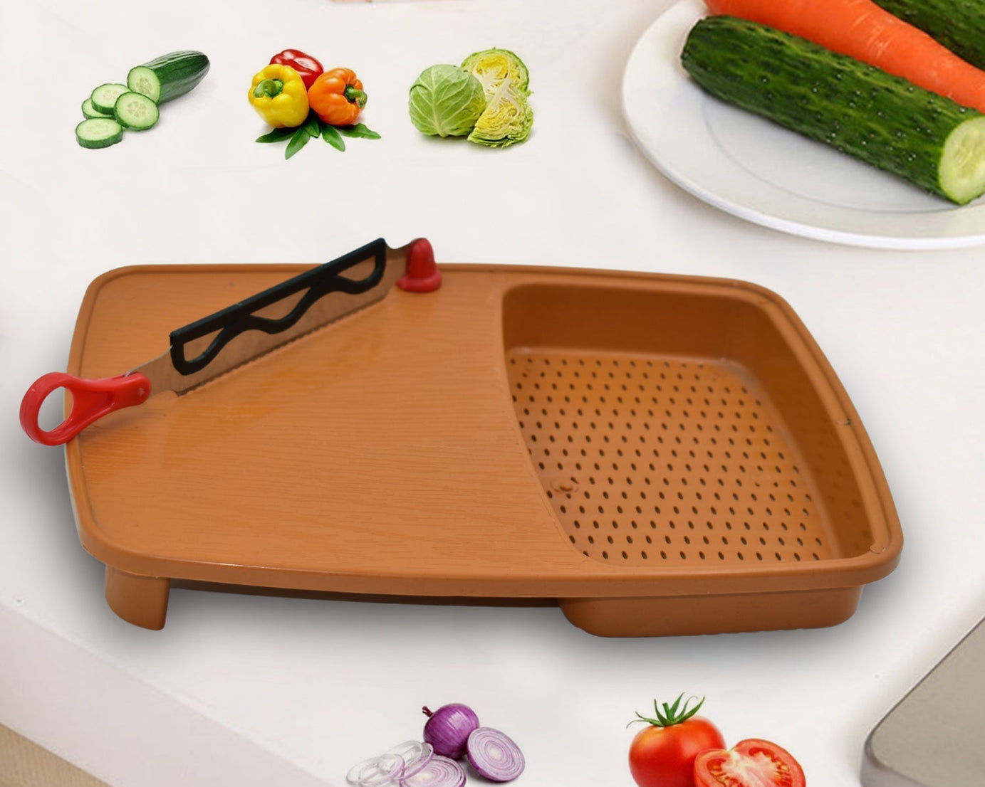 Thick plastic kitchen chopping board with holder.