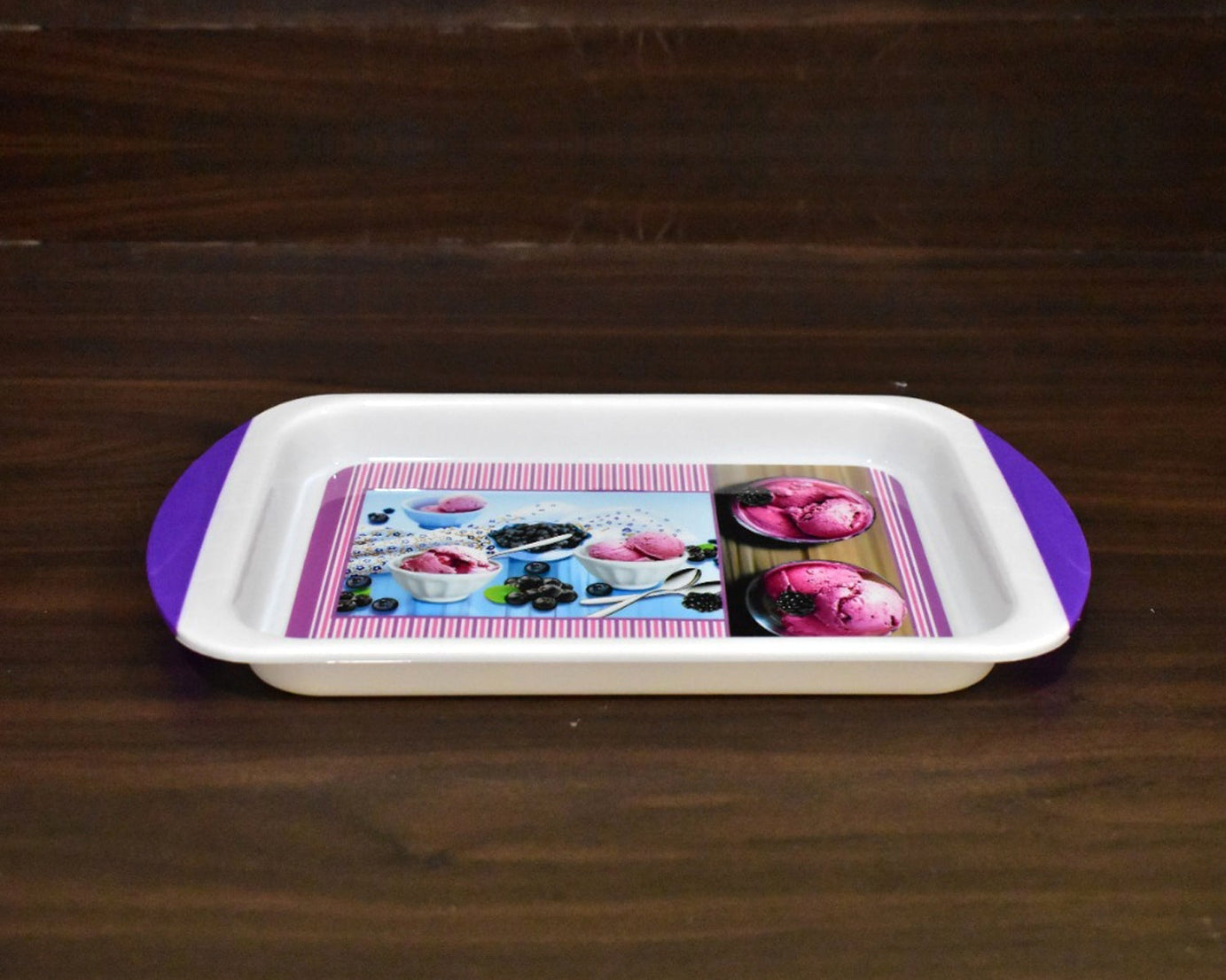 Small, durable plastic tray for use in kitchen and other areas.