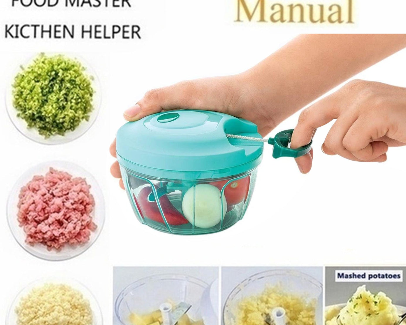 Versatile manual chopper, compact design for easy storage