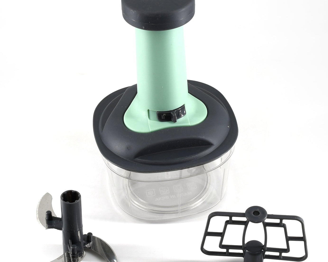 Manual vegetable chopper with push handle, top view