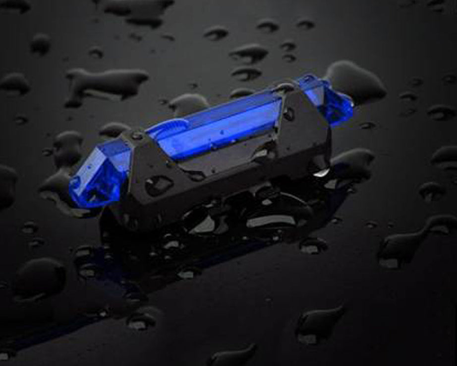 Bicycle front light with rechargeable blue LED, waterproof feature.