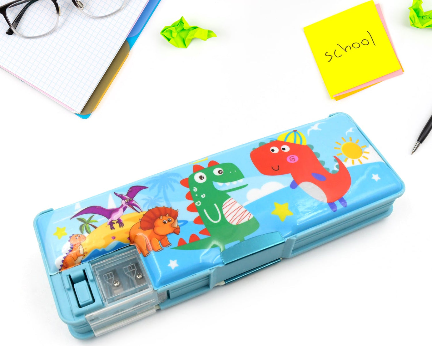 Multipurpose Compass Box, Plastic Double Deck Pencil Case with 2 Compartments, Supplies Utility Box Storage Organizer, Pencil Box for School, Cartoon Printed Pencil Case for Kids, Birthday Gift for Girls & Boys (1 Pc Mix Design)