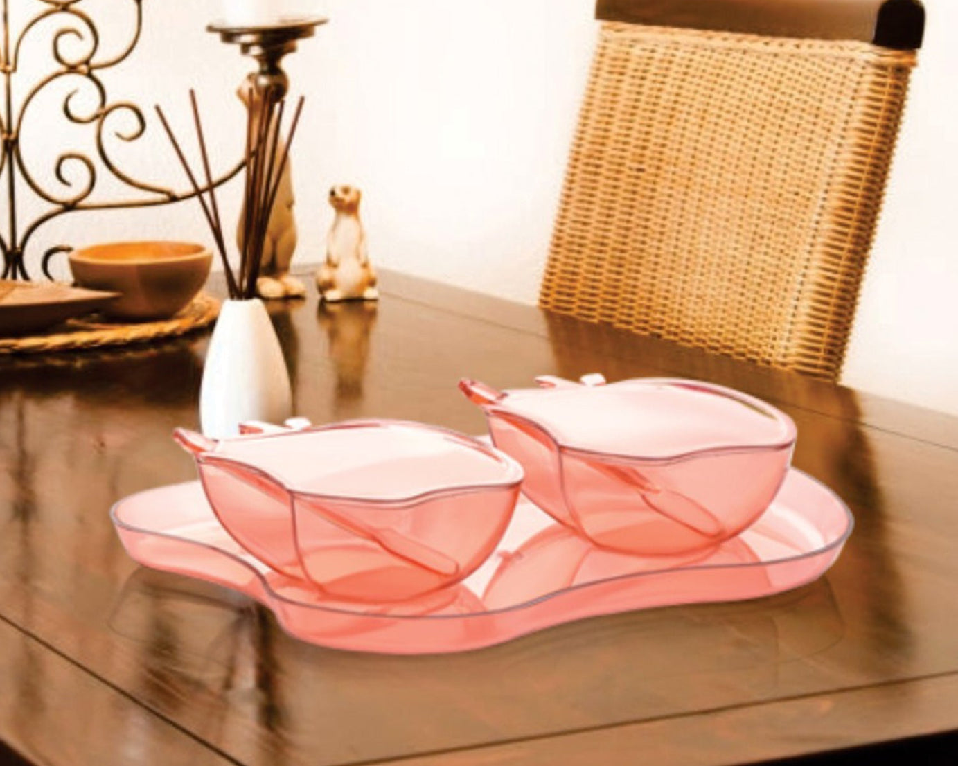 Apple-shaped serving set with bowl, spoon, and tray