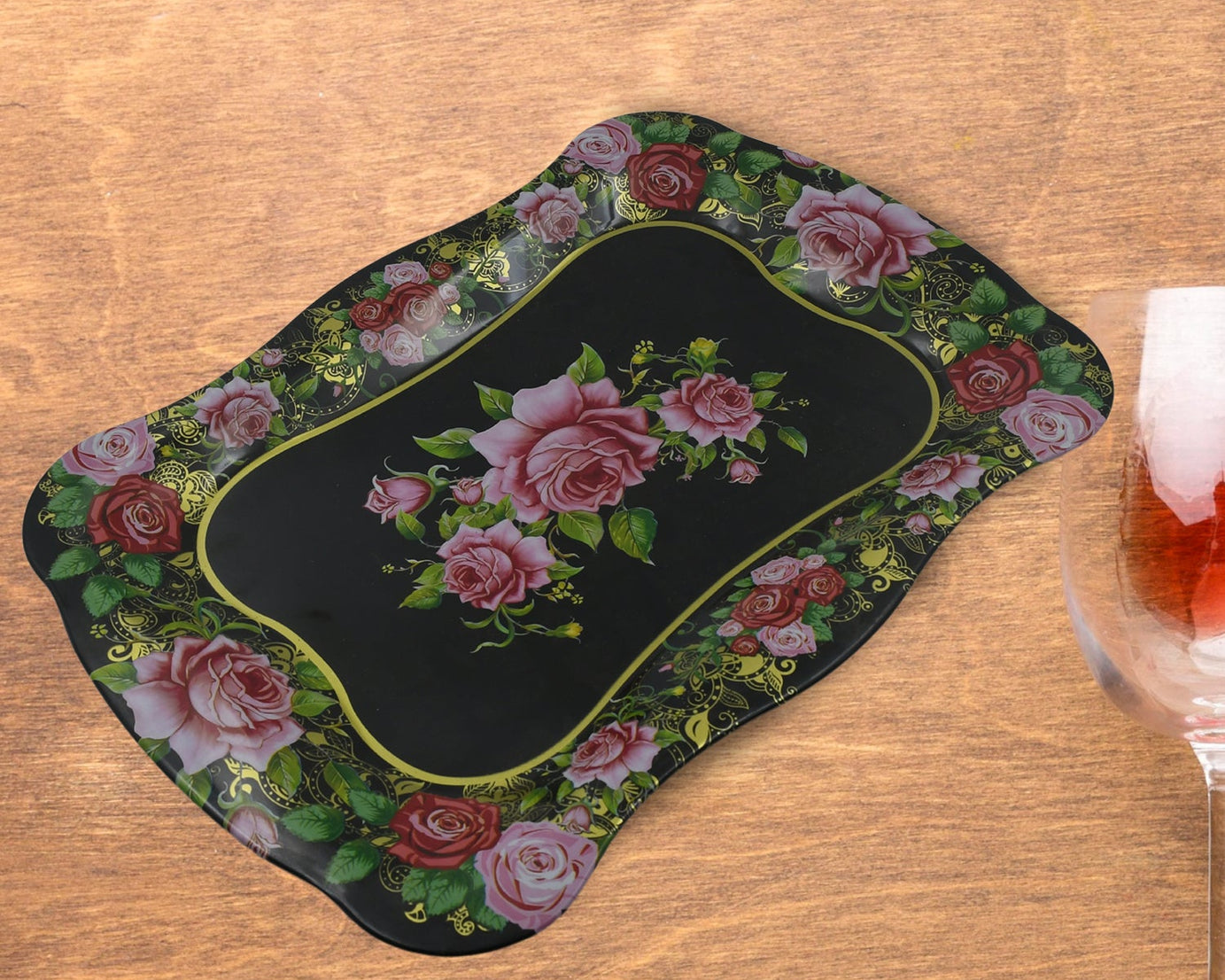 Stainless Steel Serving Tray With Flower Printed Rectangle Premium Dining Table Plate (18 x 8.5 Inch / 1 Pc)