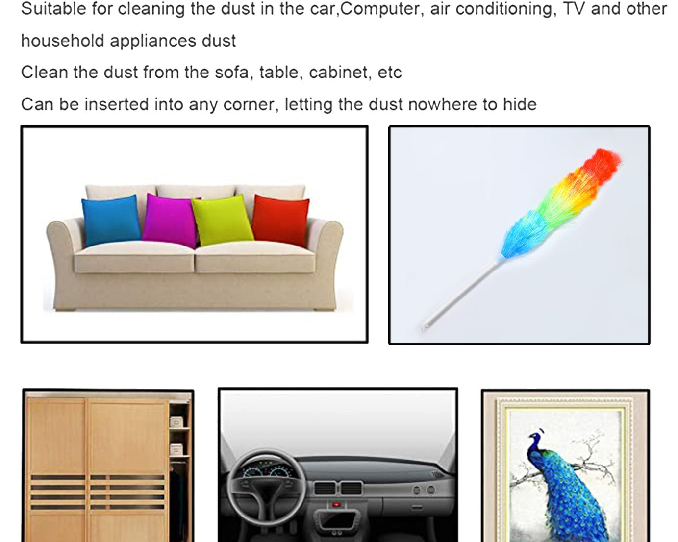 Microfiber duster with colorful feathers for cleaning