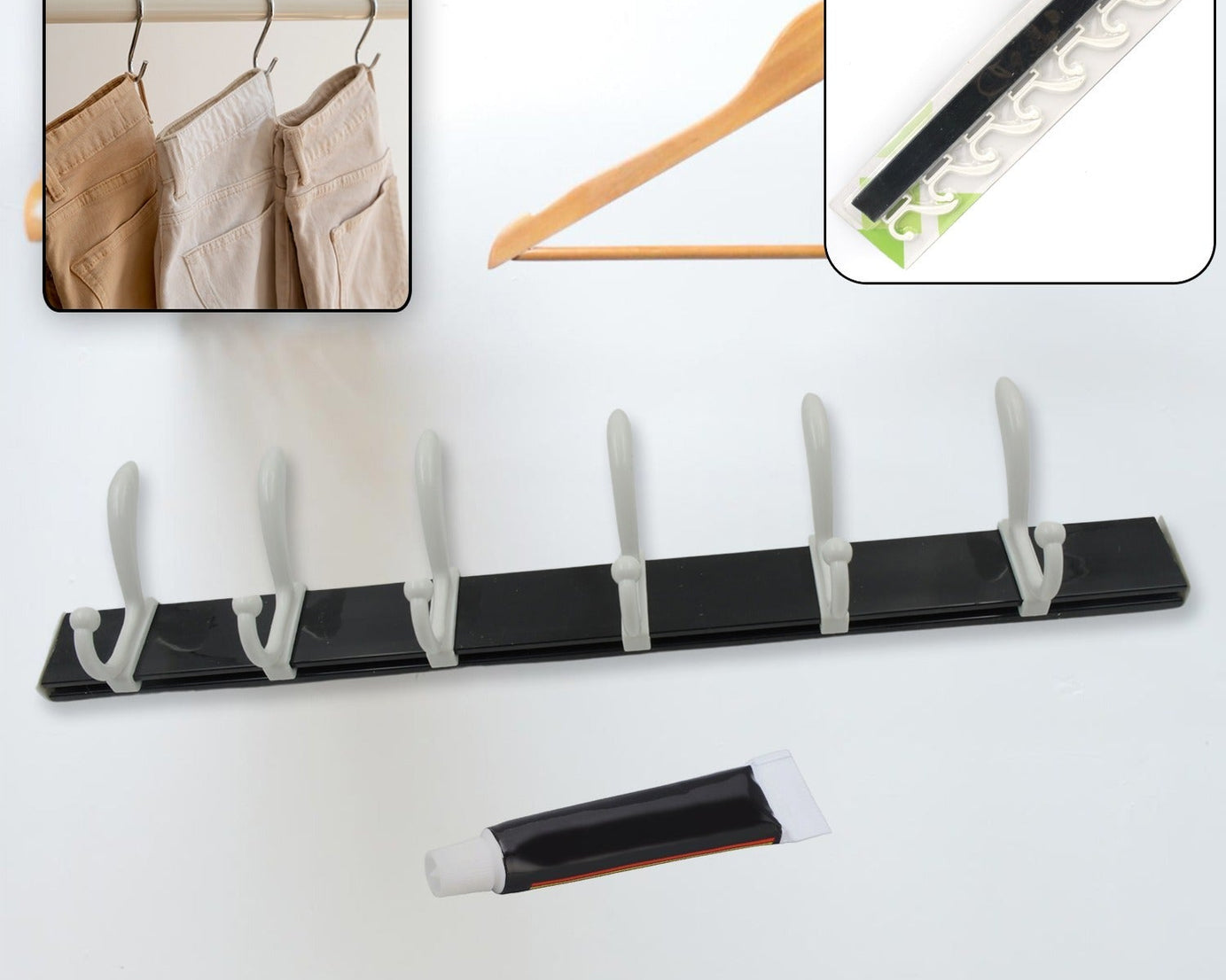 Cloth hanger, Wall Door Hooks Rail for Hanging Clothes for Hanging Hook Rack Rail, Extra Long Coat Hanger Wall Mount for Clothes, Jacket, Hats, 6 Hook With Eco-friendly Liquid Adhesive Glue