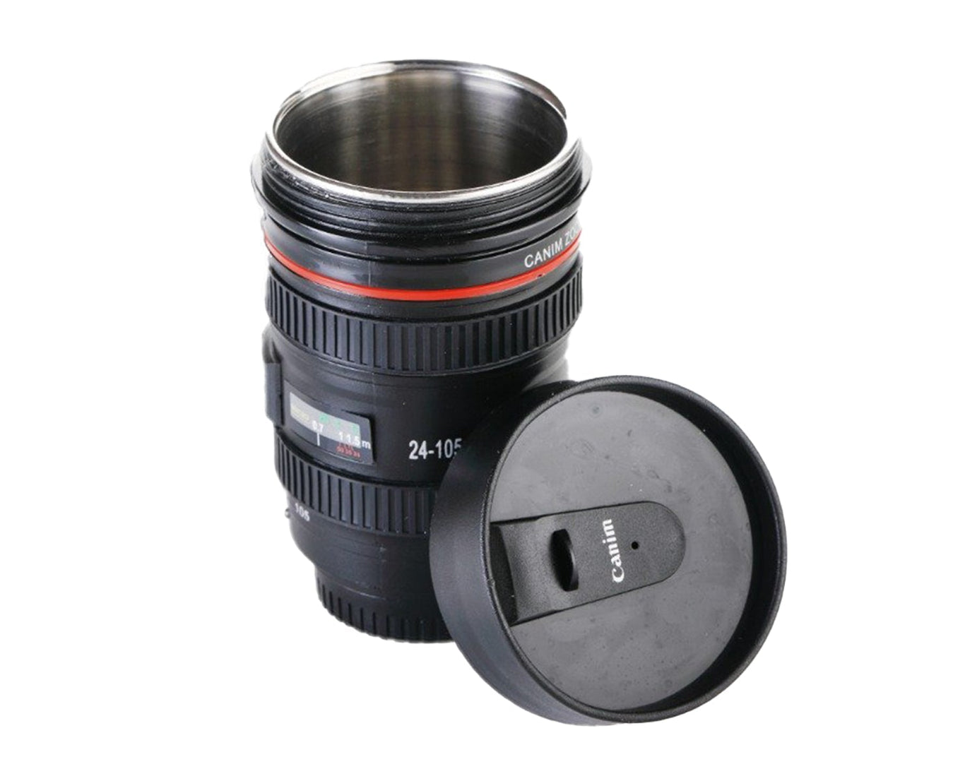 Camera lens shaped mug with lid, perfect for beverages