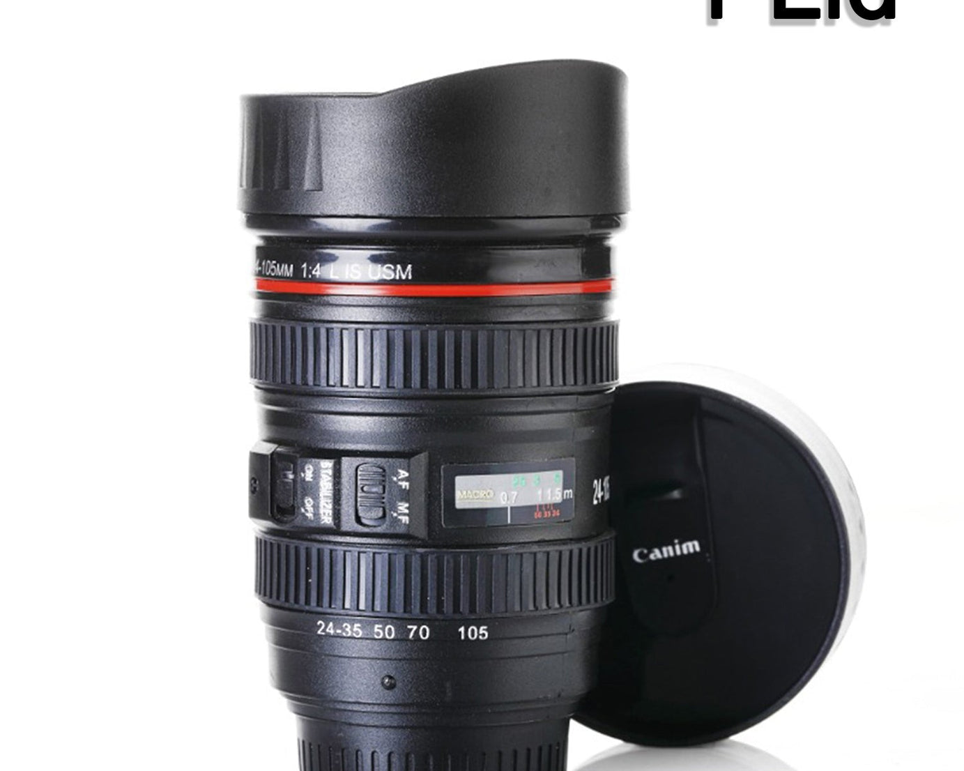 Coffee mug designed like a camera lens, with screw-on lid