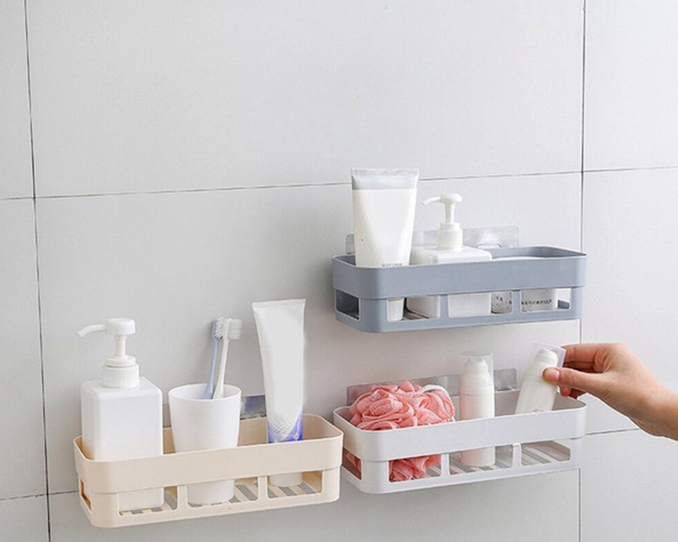 Wall-mounted shower corner caddy with suction cup