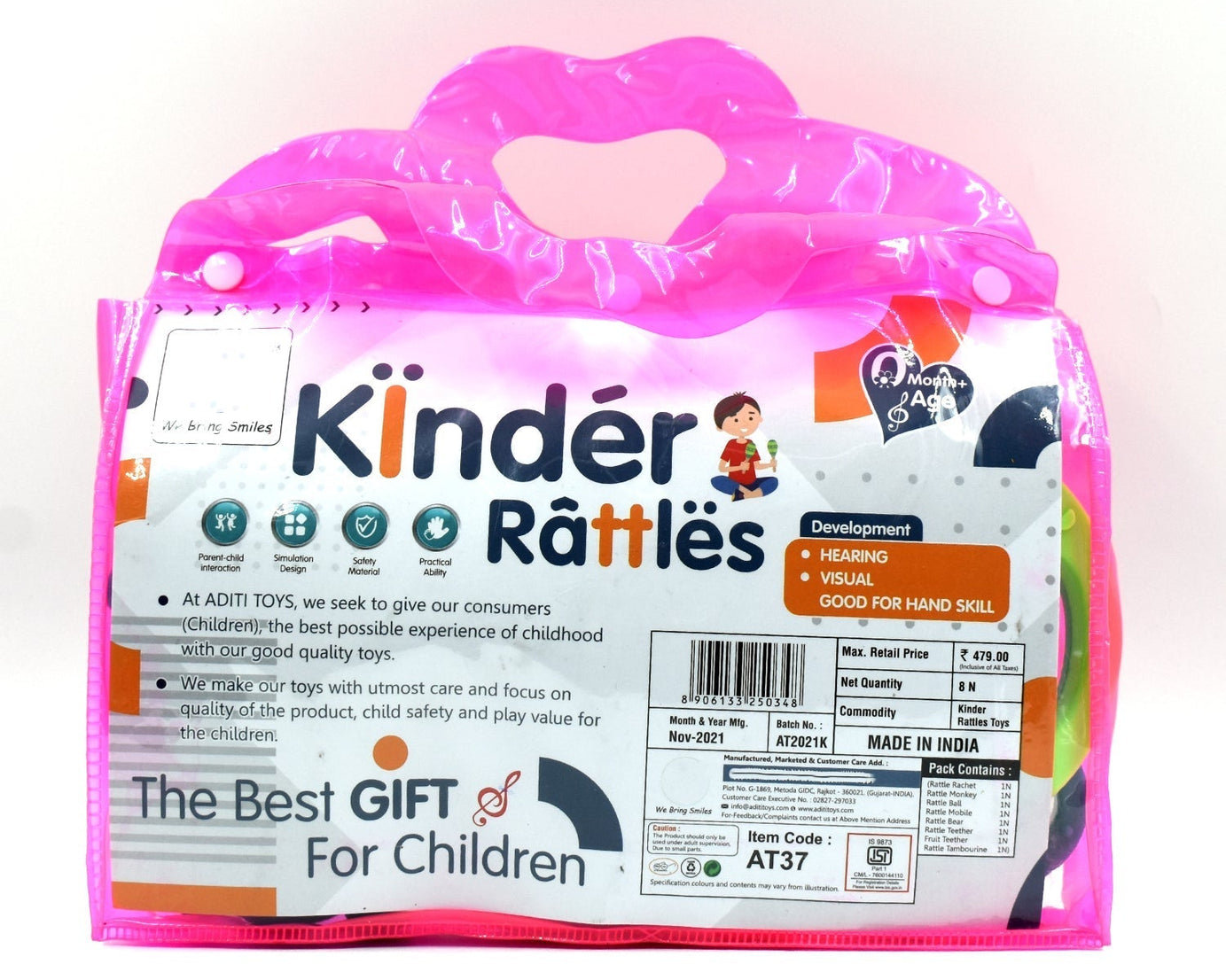 Easy-grip baby rattle with vibrant colors, perfect for small hands and play.