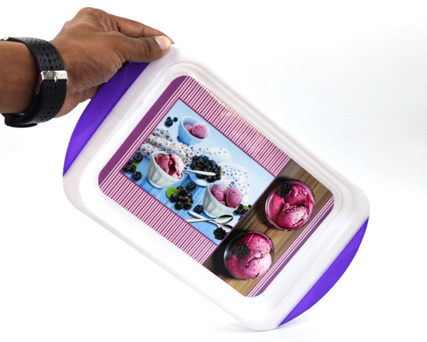 Medium-sized plastic tray for use in kitchen and for general purposes.