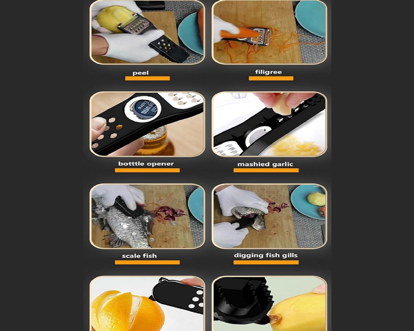 Knife Sharpener for Kitchen | Knife Sharpener with Vegetable Chopper and Fish Scale Remover | Handheld Knives & Pocket Knife Sharpener | Knife Sharpener for Chefs & Serrated Knife (9in1)